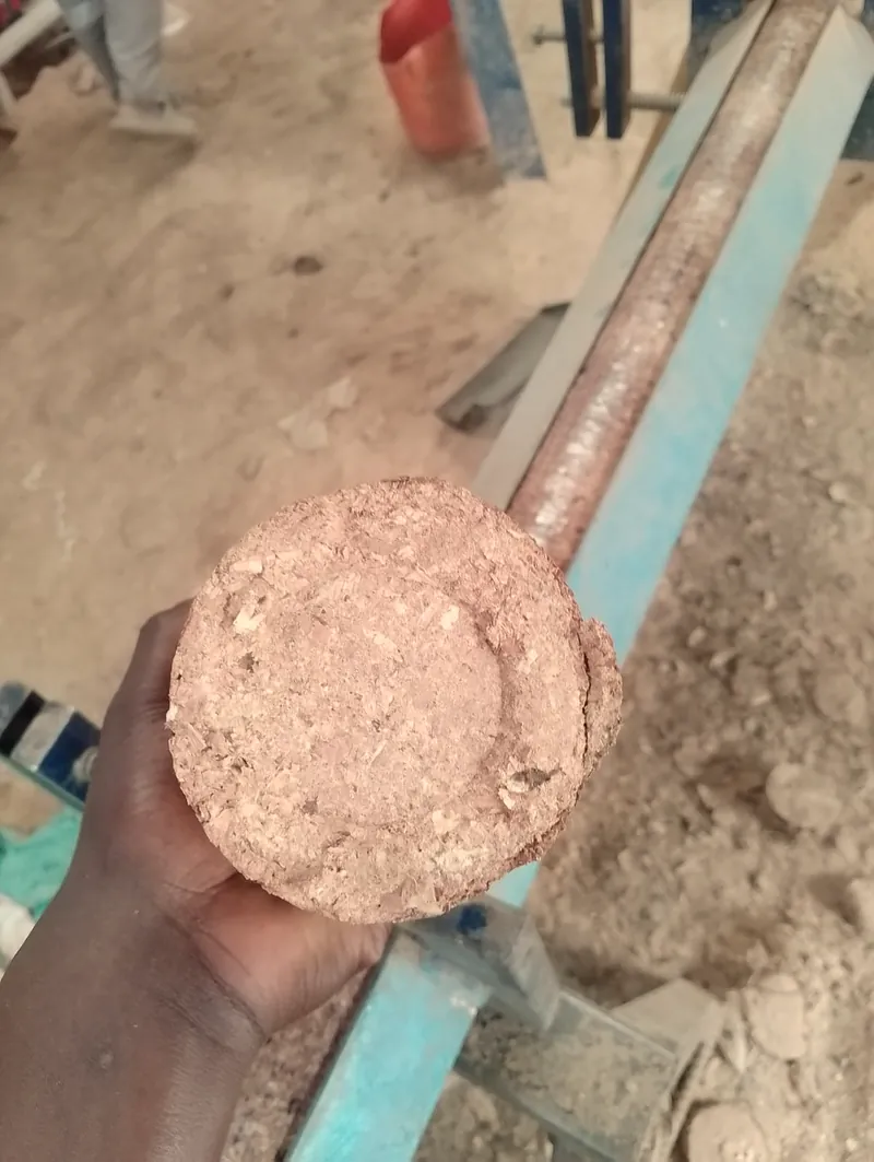 Freshly pressed biomass briquette held in hand